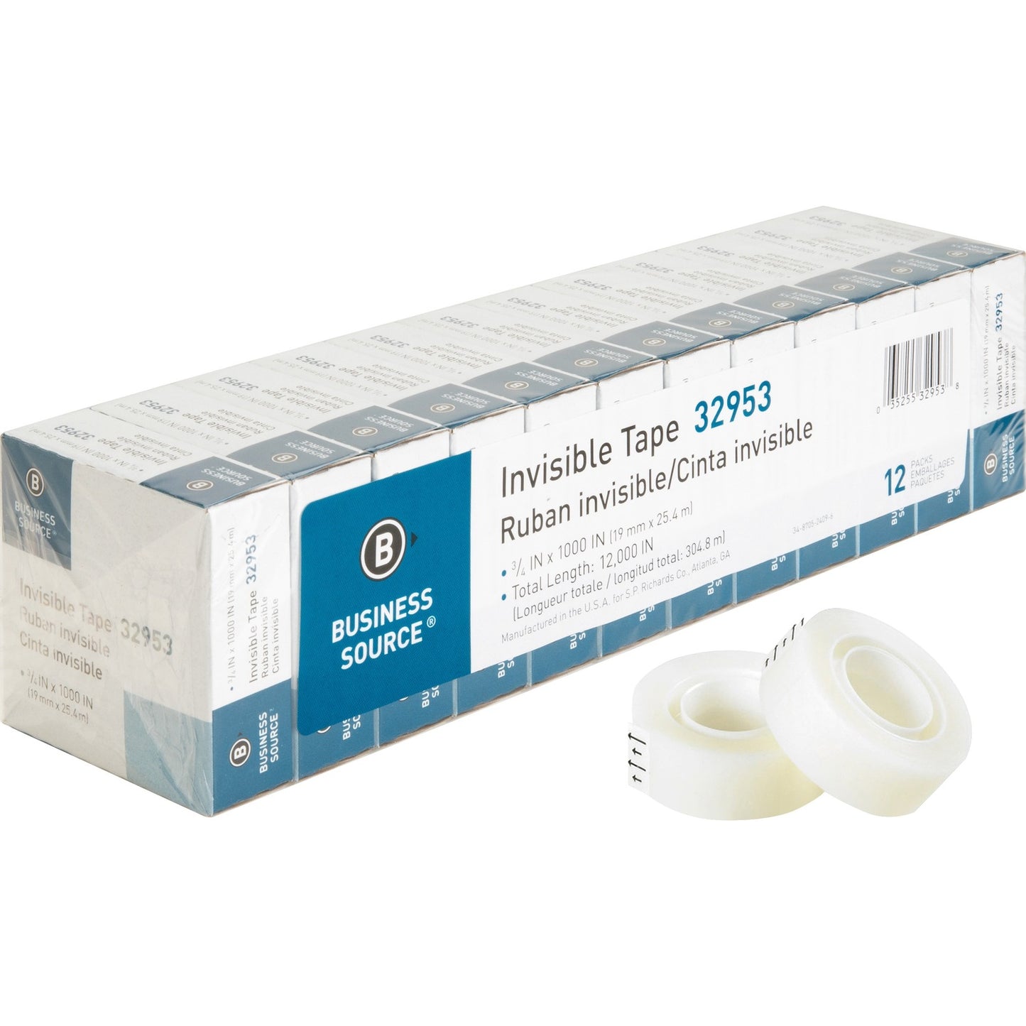 Business Source Invisible Tape, 0.75" x 27.78 yd, Clear, 12/Pack(BSN32953)