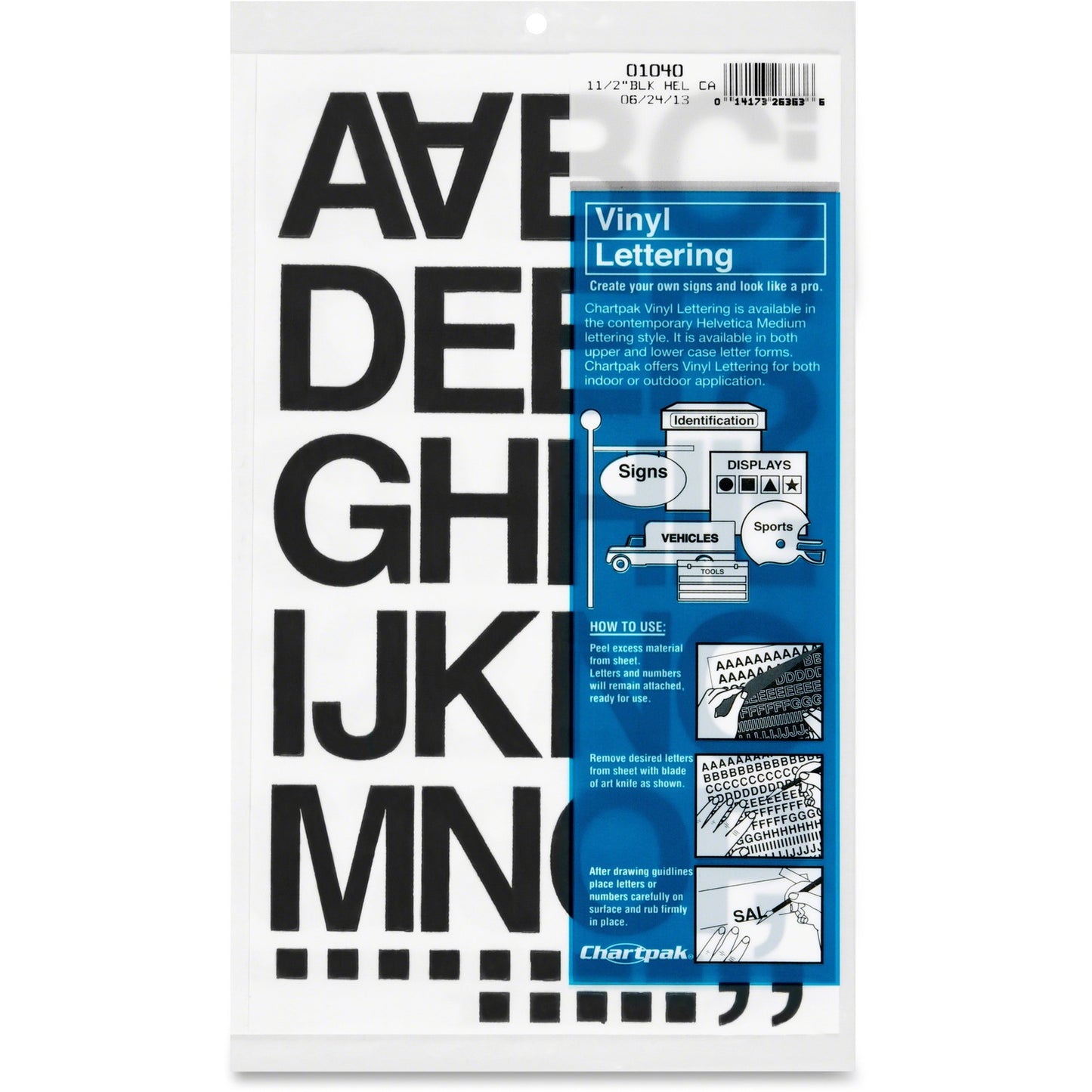 Chartpak Vinyl Helvetica Style Letters/Numbers Skill Learning: Alphabet, Number - 10 x Numbers, 35 x Capital Letter, Symbols Shape - Self-adhesive - Helvetica Style - 1.50" Height x 12" Length - Black - Vinyl - 1 Pack (01040)