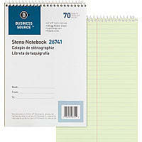 Business Source Steno Notebook 70 Sheets - Wire Bound - Gregg Ruled Margin - 15 lb Basis Weight - 6" x 9" Sheet Size - Green Paper - Stiff-back - 1 Each (BSN26741)