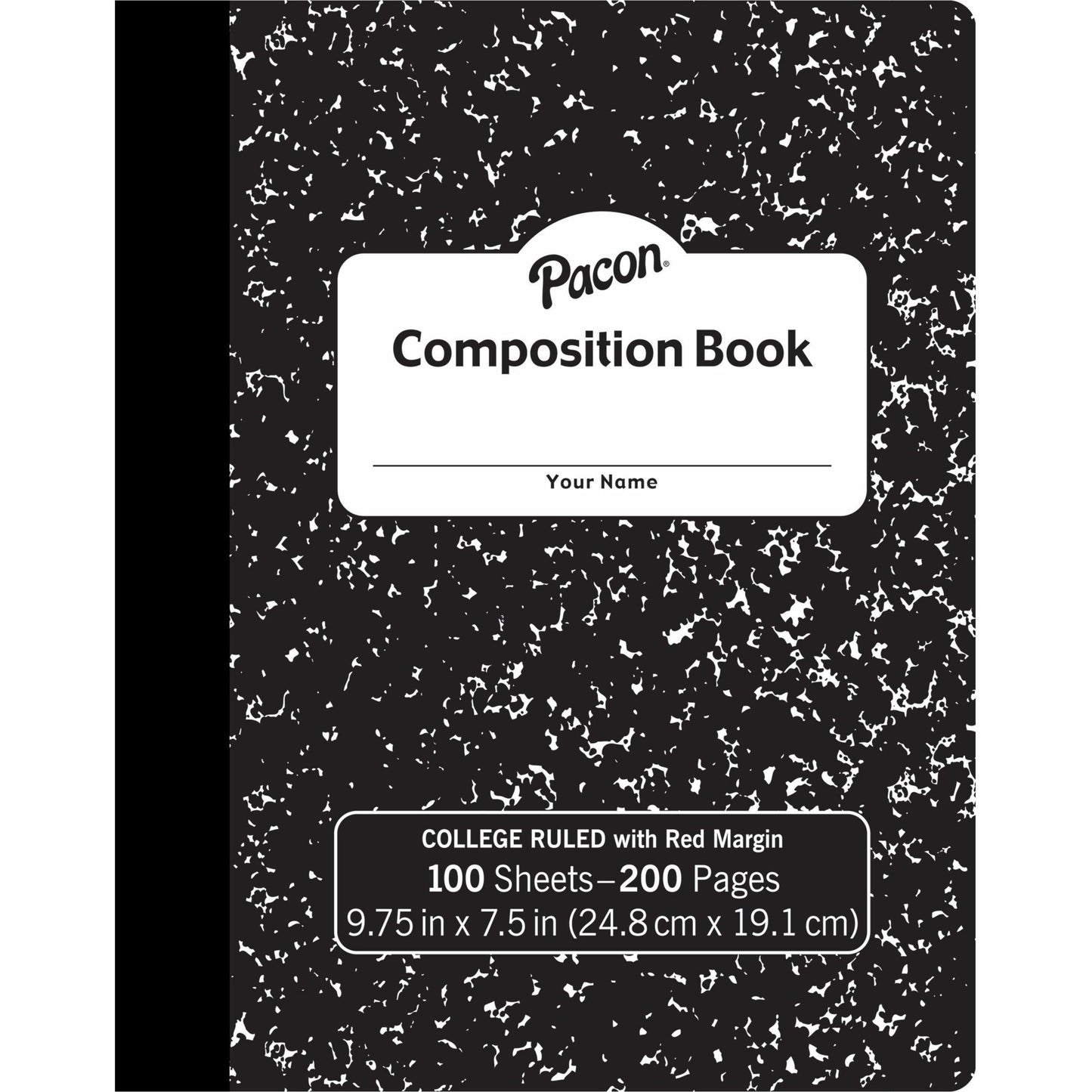 Pacon Composition Book 100 Sheets - 200 Pages - College Ruled Front Ruling - 0.28" Ruled - 9.75" Height x 7.5" Width x 0.1" Length - White Paper - Black Marble Cover - Durable, Hard Cover - 1 Each (MMK37106)