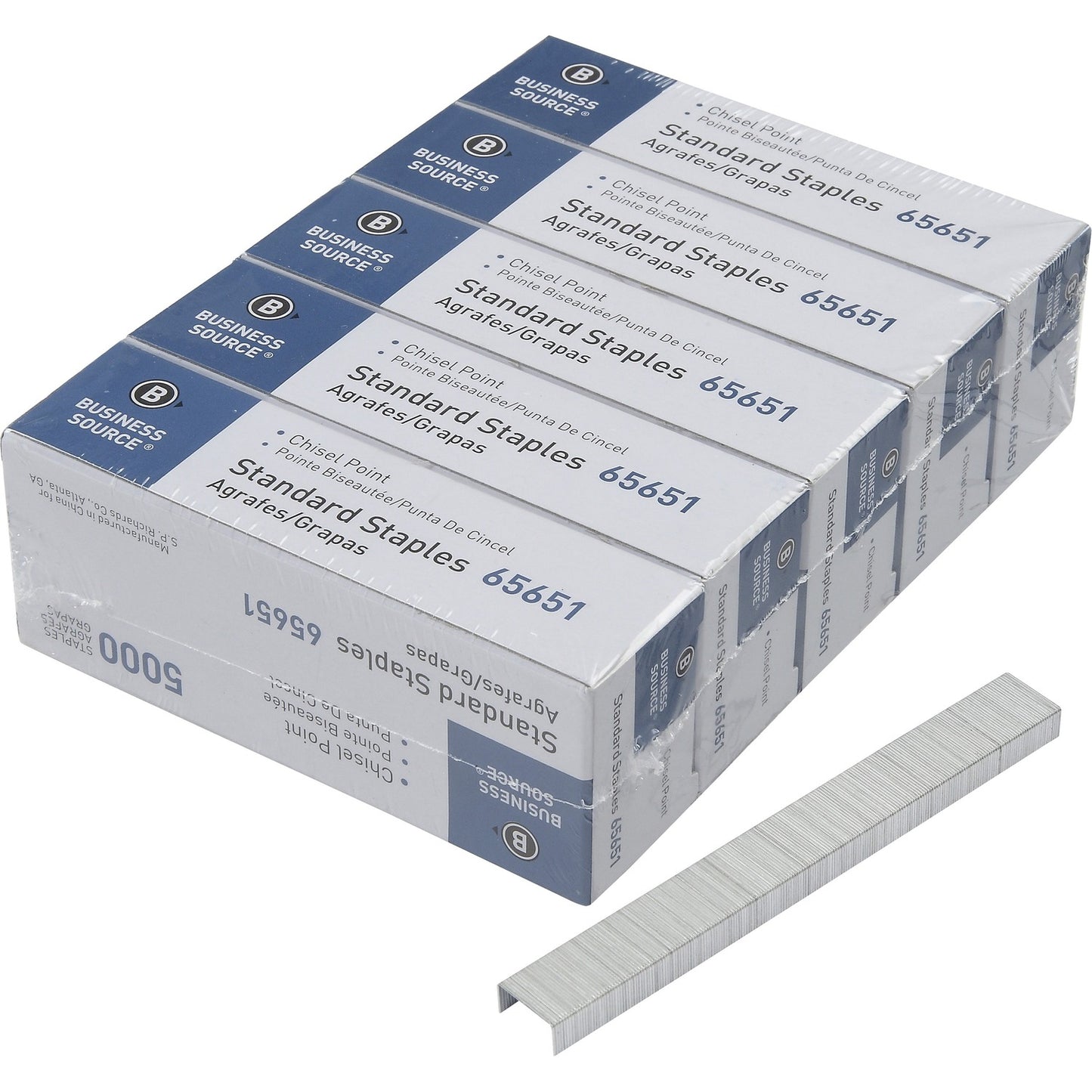 Business Source Chisel Point Standard Staples Standard - 1/4" Leg - 1/2" Crown - Holds 30 Sheet(s) - for Paper - Chisel Point - Silver - Galvanized Iron - 210 Per Strip - 5000/Box - 5 / Pack (BSN65651)