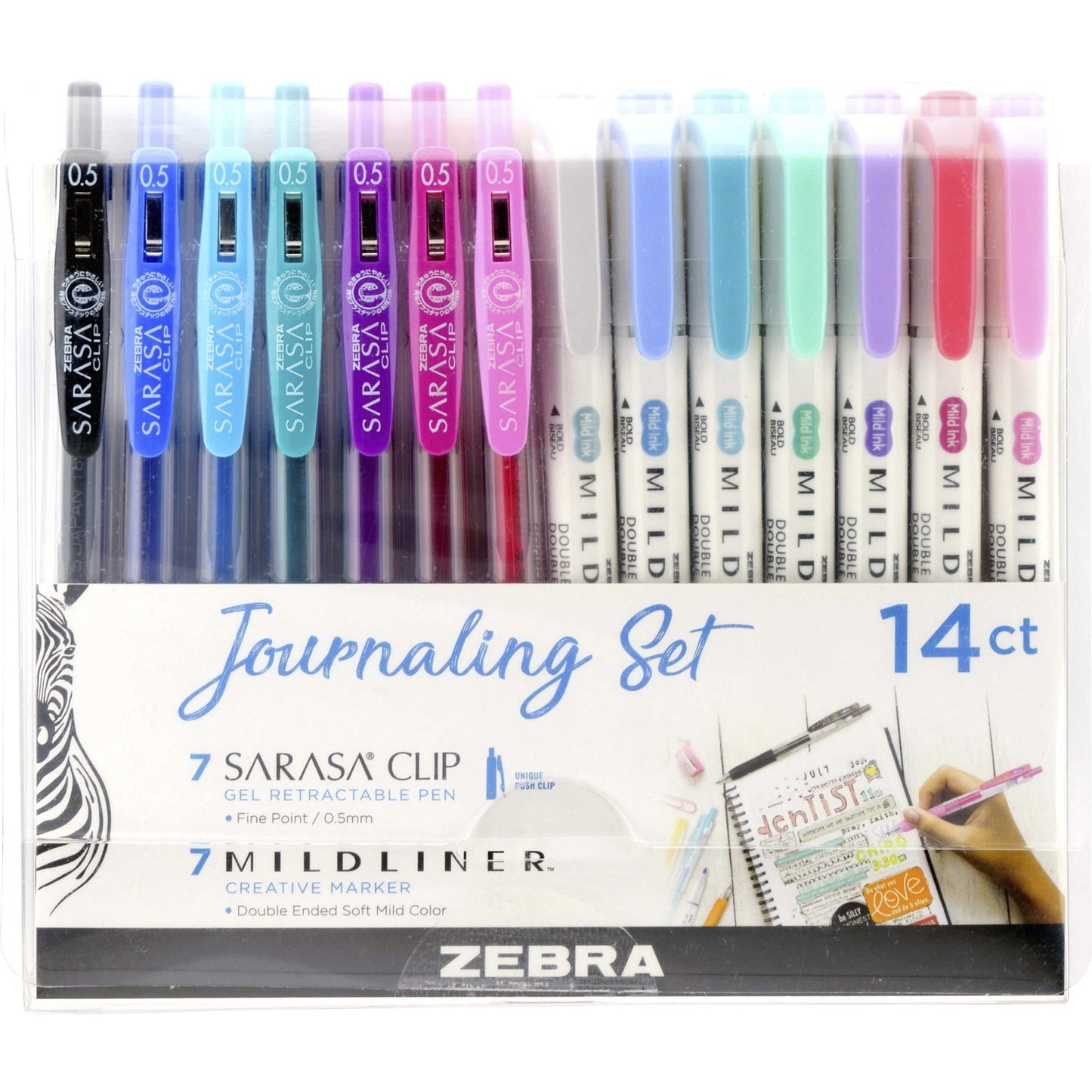 Zebra Journaling Set Mildliner & Sarasa Clip Gel Pen and Highlighter Set 0.5 mm, 1 mm Pen Point Size - Broad, Fine Marker Point - Bullet, Chisel Marker Point Style - Assorted Water Based Ink - Retractable - Double Ended, Push Button Mechanism, Poc (10014)