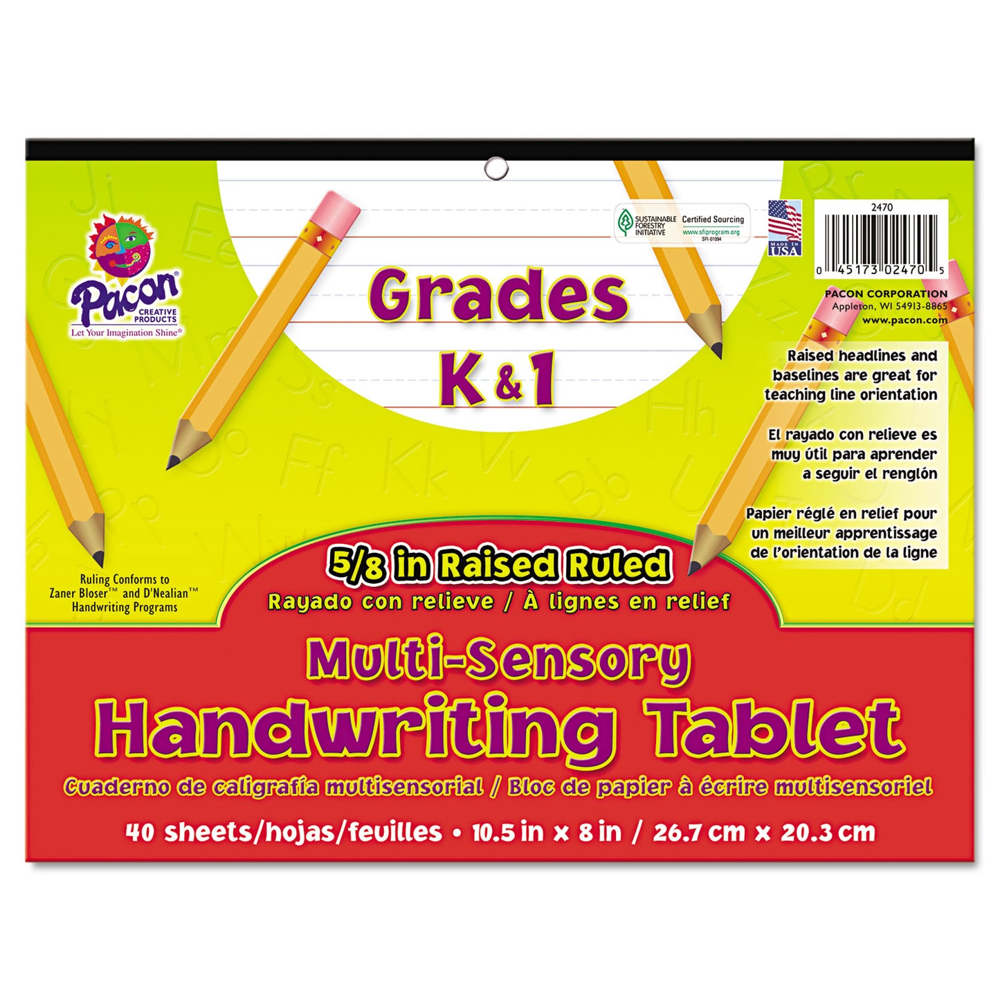 Pacon Multi-Sensory Handwriting Tablet, 5/8" Long Rule, 8 x 10.5, 40/Pad (2470)