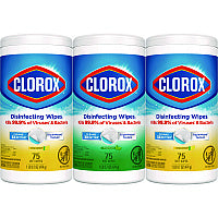 Clorox Disinfecting Wipes, 1-Ply, 7 x 8, Fresh Scent/Citrus Blend, White, 75/Canister, 3 Canisters/Pack (30208PK)