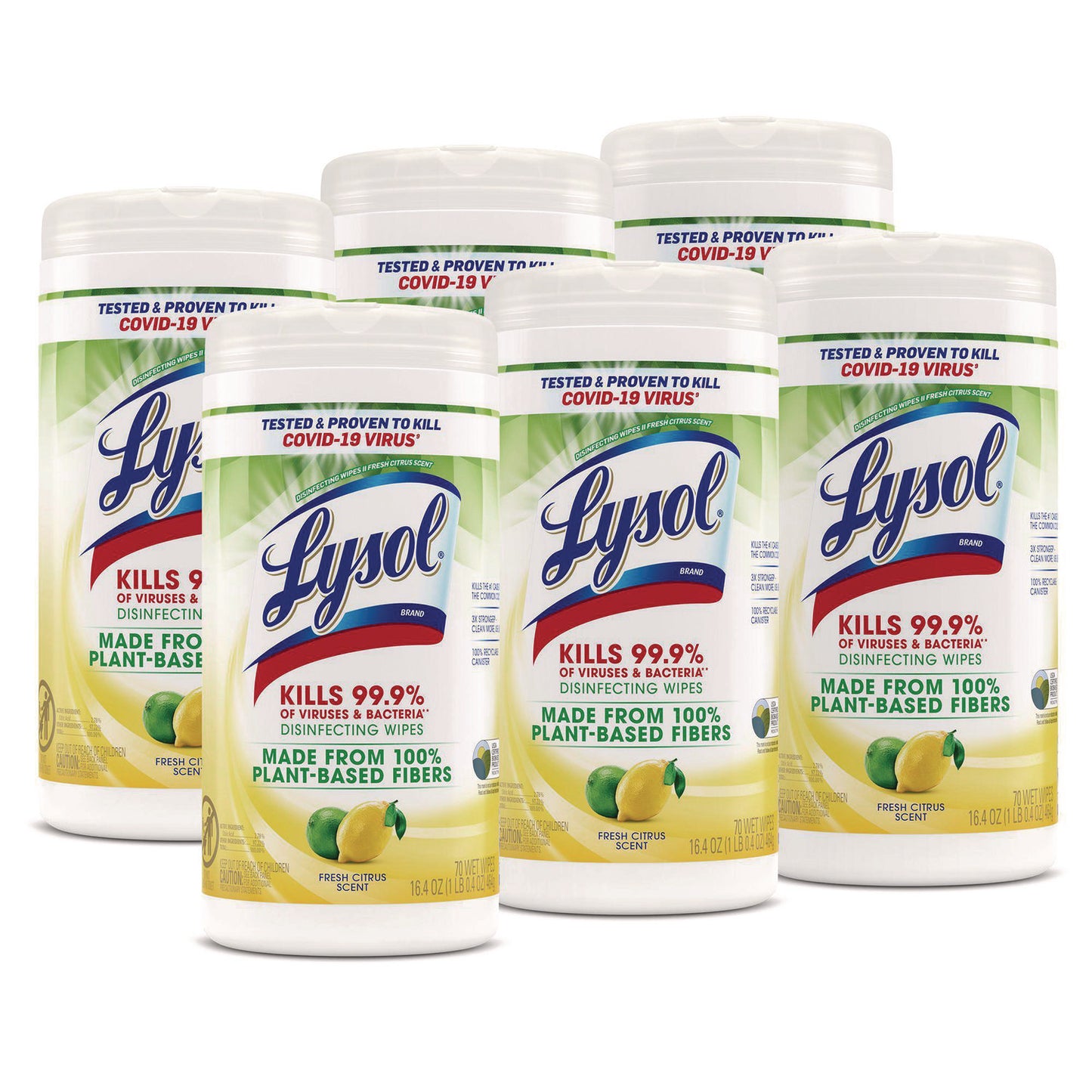 Lysol(R) Disinfecting Wipes, Fresh Citrus, 70 Wipes, 6 Canisters (49128CT)