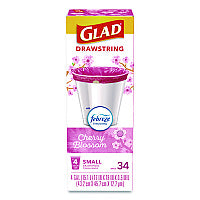 Glad OdorShield Small Drawstring Trash Bags, 4 gal, Cherry Blossom Scent, 0.5 mil, 18" x 17", Pink, 34/Box (79274)