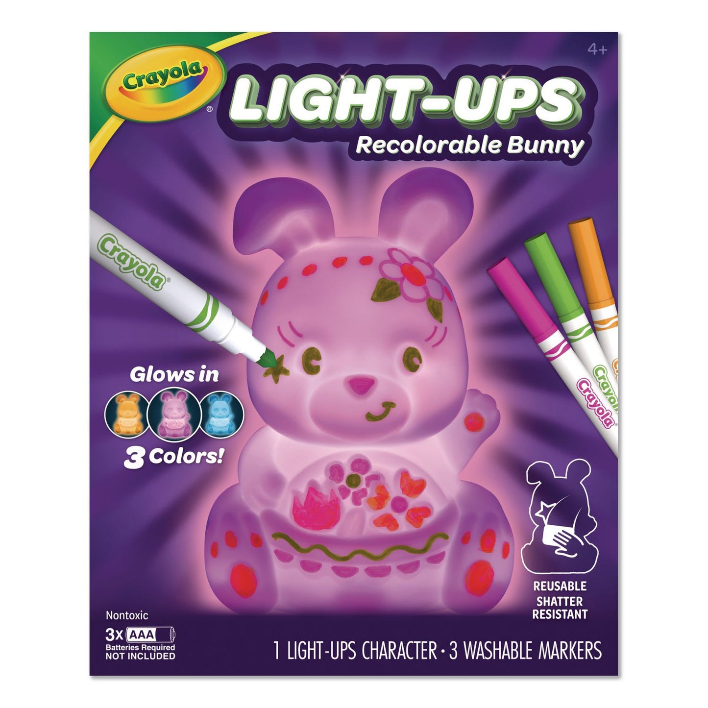 Crayola Light Ups Recolorable Bunny with (3) Ultra-Clean Washable Markers, Ages 4 and Up, 4 Pieces (747643)