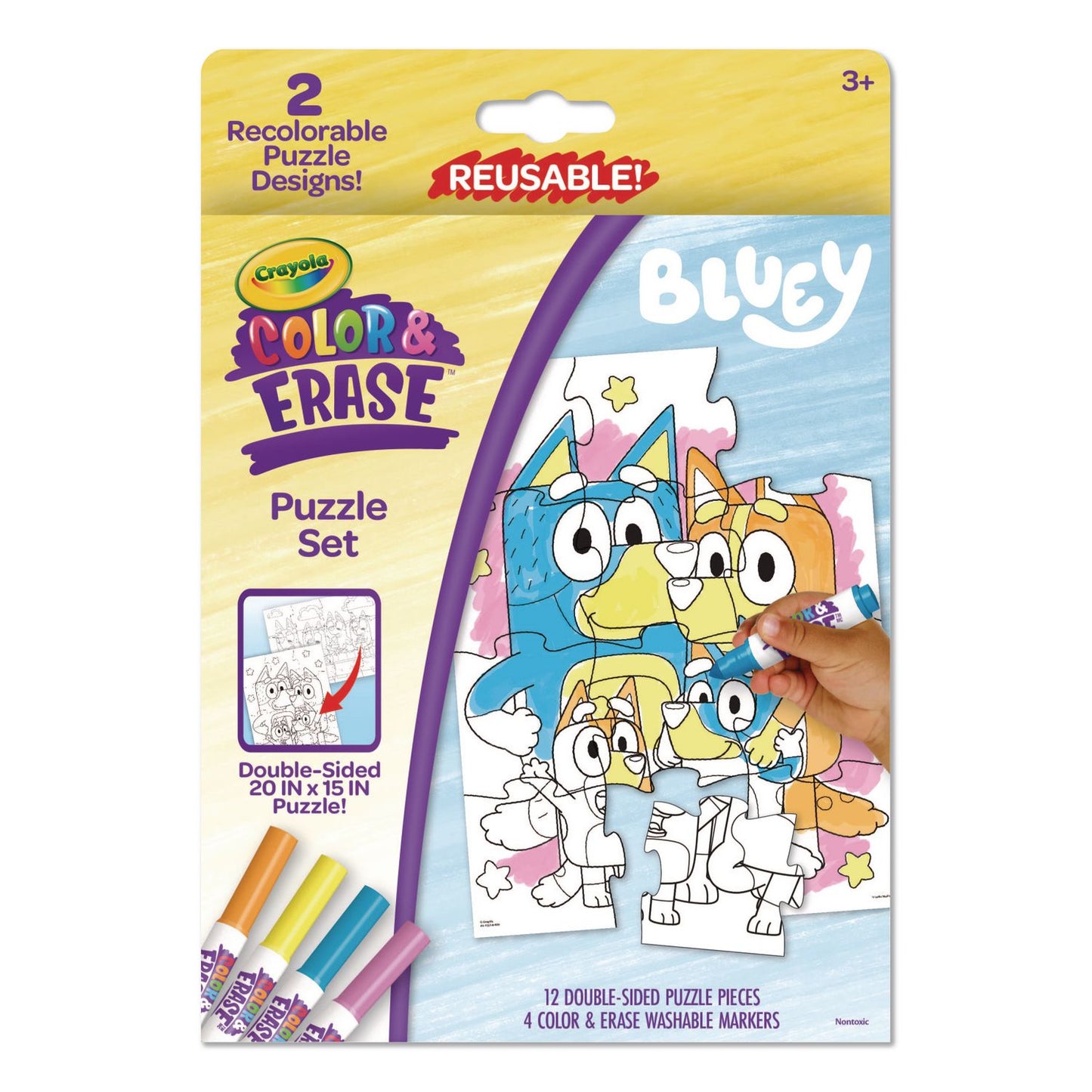 Crayola Bluey Color and Erase Reusable Puzzle Set with (12) Two-Sided Puzzle Pieces and (4) Markers, Ages 3 and Up, 16 Pieces (811552)