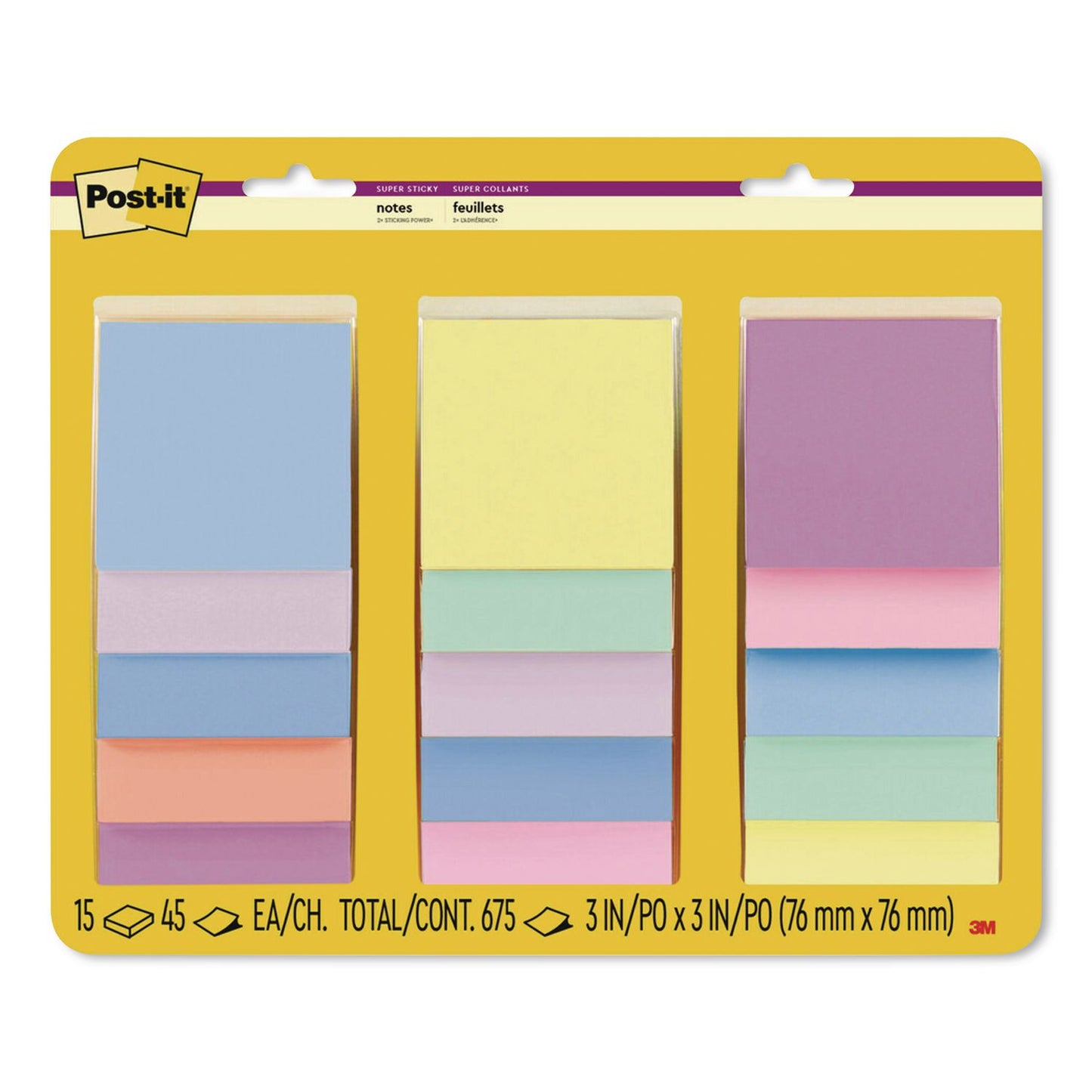 Post-it Super Sticky Notes, 3" x 3", Randomly Assorted Energy Boost and Playful Primaries Colors, 45 Sheets/Pad, 15 Pads/Pack (65415SSPS2)