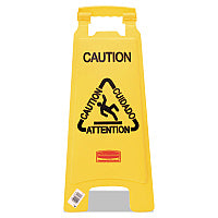 Rubbermaid Commercial Multilingual "Caution" Floor Sign, 11 x 12 x 25, Bright Yellow (611200YW)