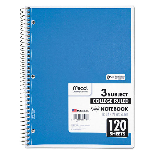 Mead Spiral Notebook, 3 Subject, College Rule, Assorted Covers, 120 Sheets