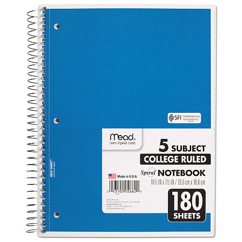 Mead Spiral Notebook, 5 Subject, College Rule, Assorted Covers, 10.5 x 8, 180 Sheets