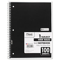Mead Spiral Notebook, 3-Hole Punched, 1-Subject, Wide/Legal Rule, Randomly Assorted Cover Color, (100) 10.5 x 7.5 Sheets (05514)
