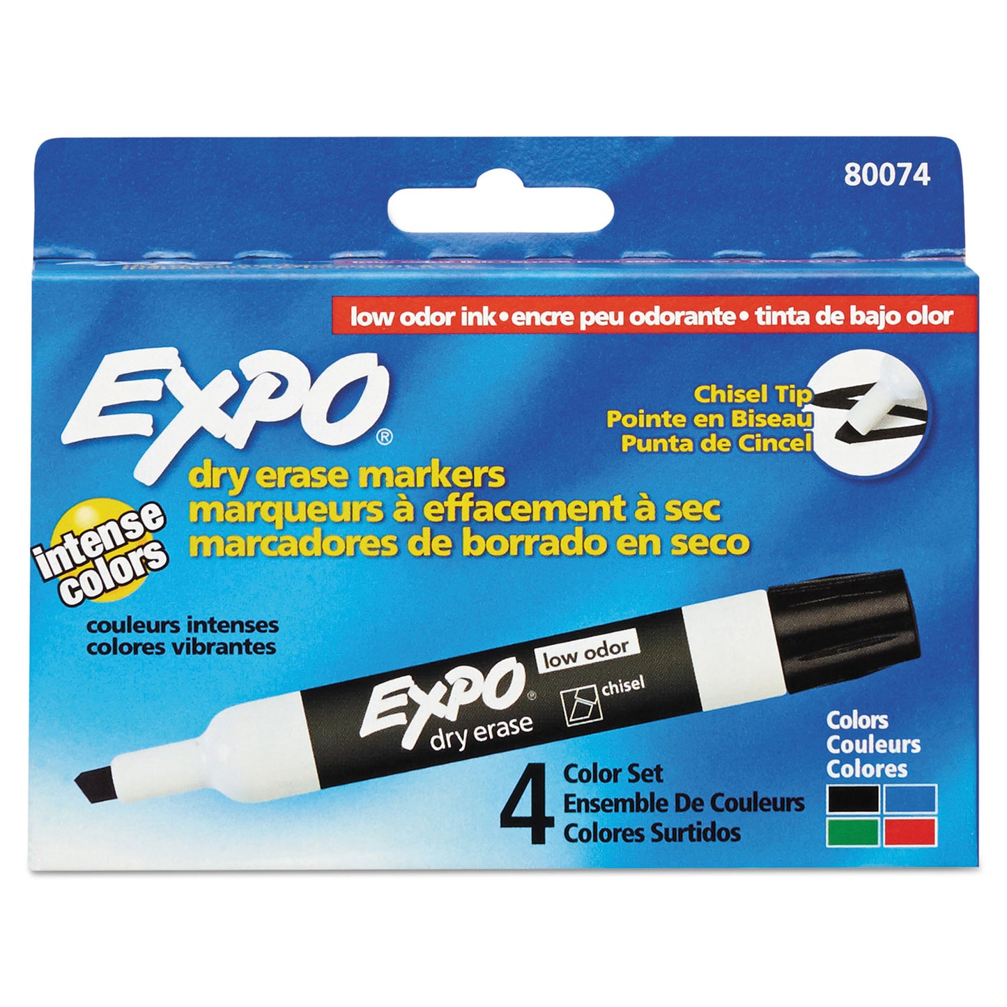EXPO Low-Odor Dry-Erase Marker, Broad Chisel Tip, Assorted Colors, 4/Set (80074)
