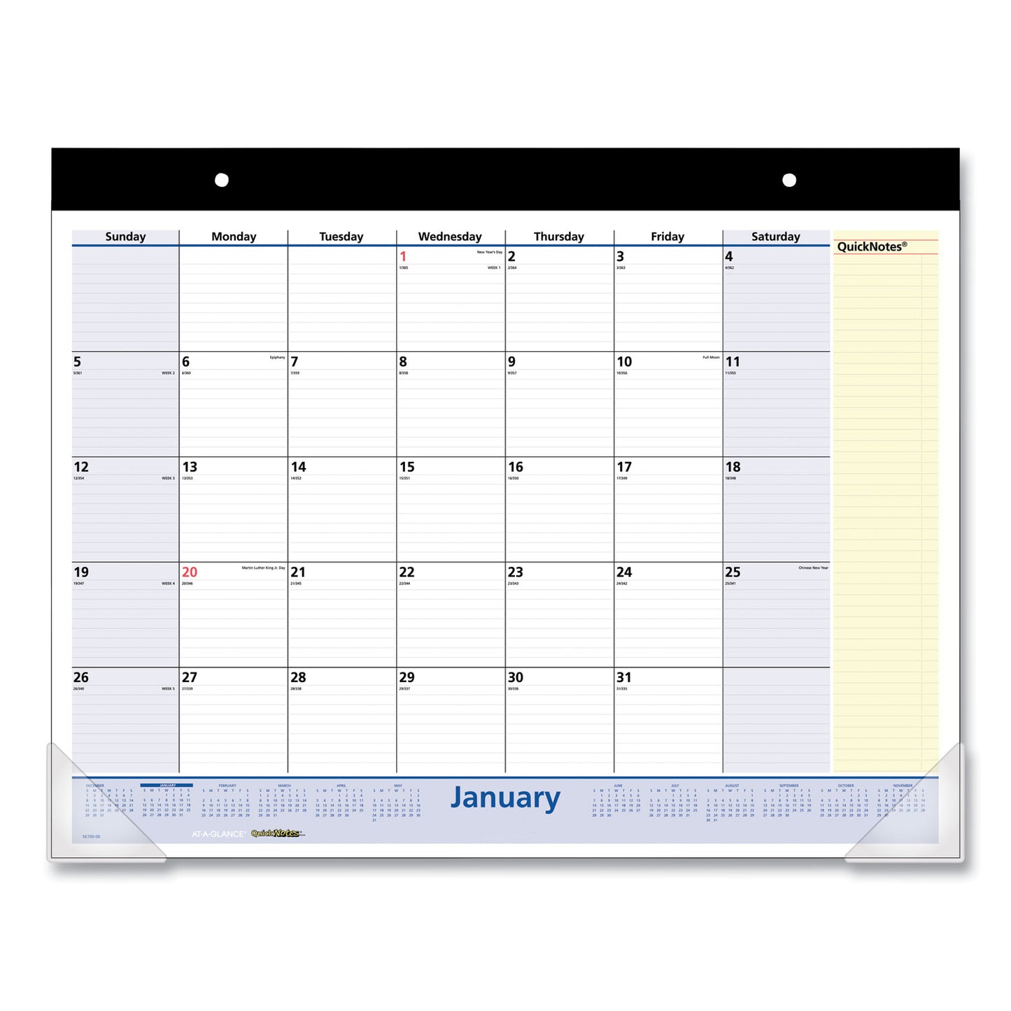 AT-A-GLANCE QuickNotes Desk Pad, 22 x 17, White/Blue/Yellow Sheets, Black Binding, Clear Corners, 13-Month: Jan 2026 to Jan 2027 (SK70000)