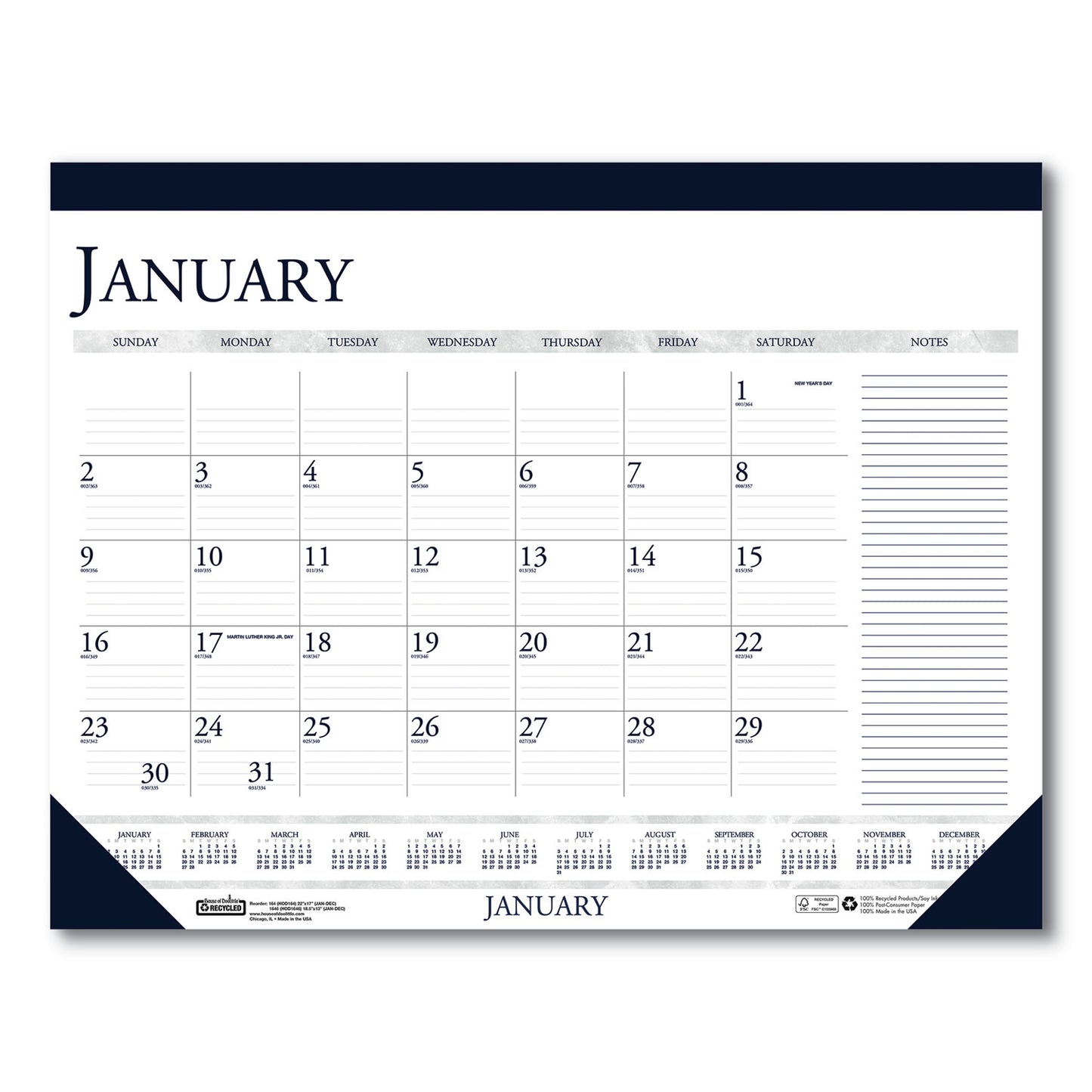 House of Doolittle Recycled Monthly Desk Pad Calendar w/ Notes, 22 x 17, Blue, 2026 (164)