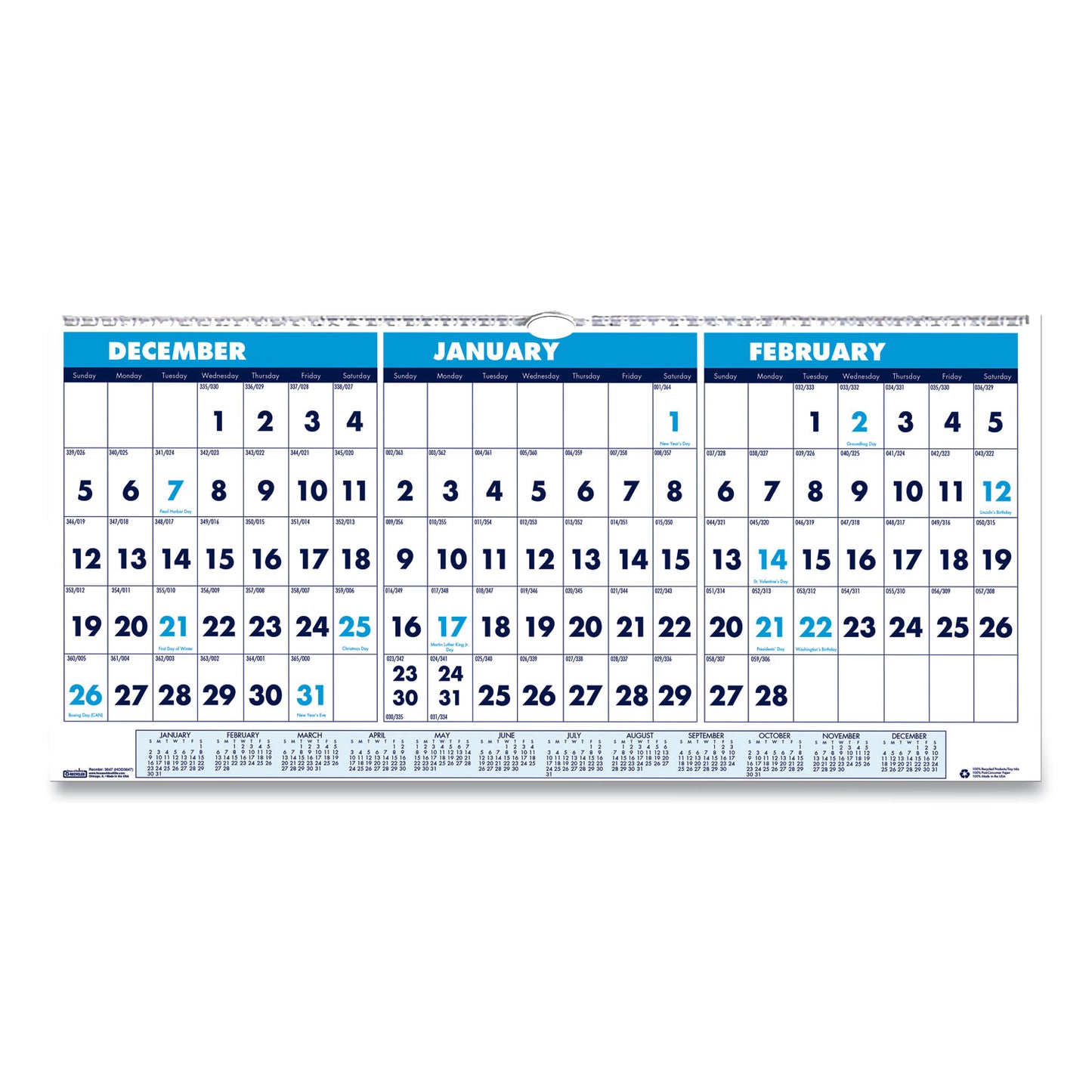 House of Doolittle Recycled Three-Month Format Wall Calendar, Horizontal Orientation, 23.5 x 12, White Sheets, 14-Month: Dec 2025 to Jan 2027 (3648)