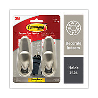 Command Adhesive Mount Metal Hook, Large, Brushed Nickel Finish, 5 lb Capacity, 2 Hooks and 4 Strips/Pack (FC13BN2ES)