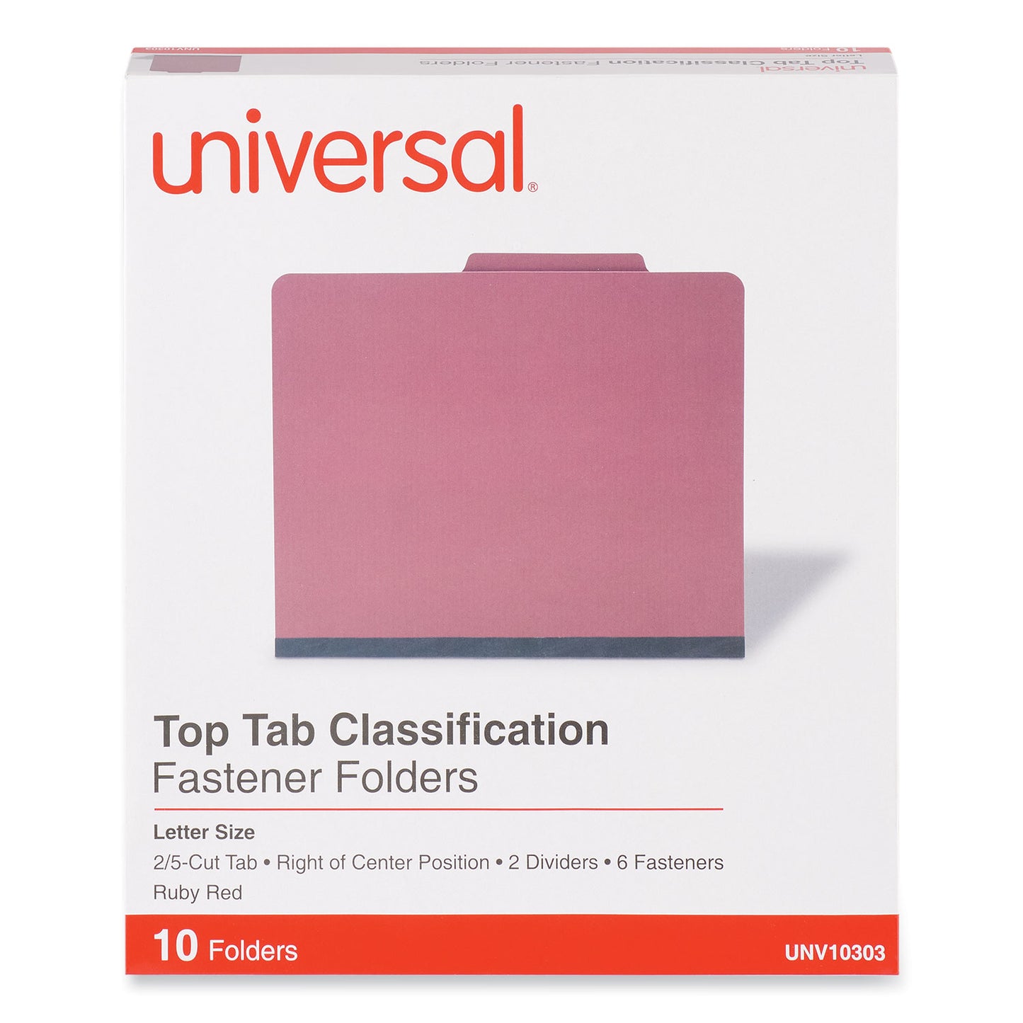 Universal Bright Colored Pressboard Classification Folders, 2" Expansion, 2 Dividers, 6 Fasteners, Letter Size, Ruby Red, 10/Box (UNV10303)