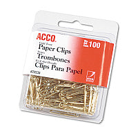 Acco(R) Wire Paper Clips, No. 2, 1-1/8", Gold Tone, 100 Paper Clips (72533)
