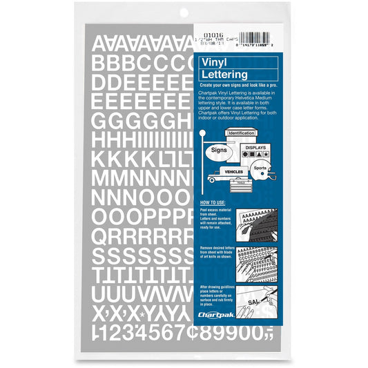 Chartpak Vinyl Helvetica Style Letters/Numbers 12 x Numbers, 167 x Capital Letters Shape - Self-adhesive - Helvetica Style - Easy to Use - 0.50" Height - White - Vinyl - 201 / Pack (01016)