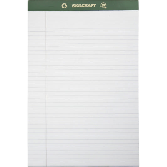AbilityOne SKILCRAFT Perforated Chlorine Free Writing Pad 50 Sheets - Tape Bound - 0.31" Ruled - 20 lb Basis Weight - 8 1/2" x 14" - White Paper - Green Binder - Back Board, Perforated, Leatherette Head Strip, Chlorine-free - Recy (5169626)