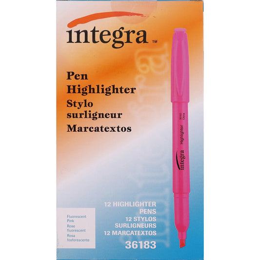 Integra Pen Style Fluorescent Highlighters Chisel Marker Point - Fluorescent Pink Ink - 1 Dozen (36183)