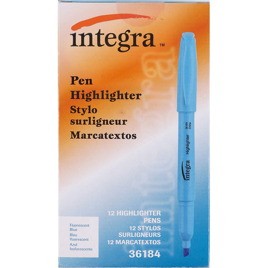 Integra Pen Style Fluorescent Highlighters Chisel Marker Point - Fluorescent Blue Ink - 1 Dozen (36184)