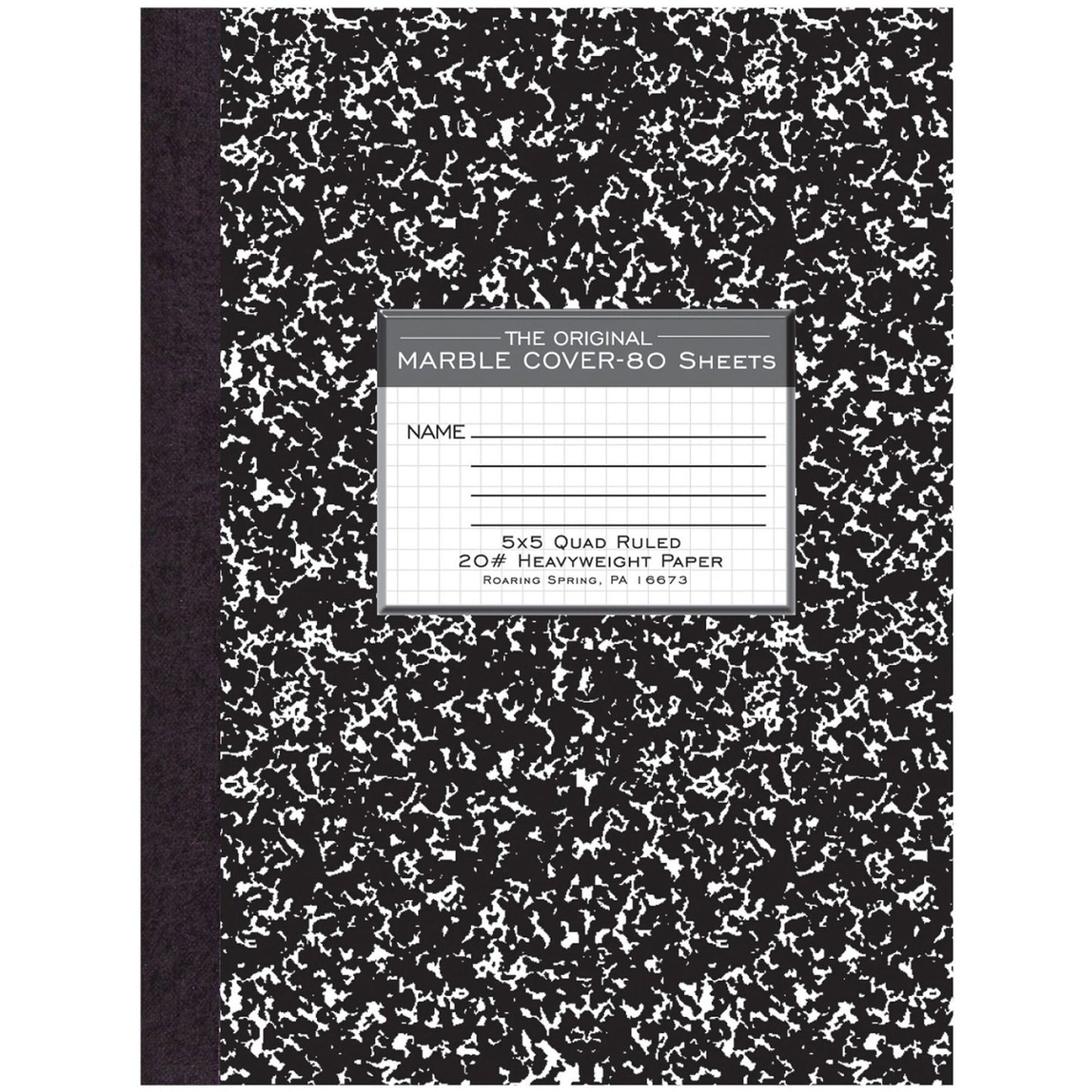 Roaring Spring Black Marble Composition Book 80 Sheets - 160 Pages - Printed - Sewn/Tapebound - Both Side Ruling Surface - 20 lb Basis Weight - 10 1/4" x 7 7/8" Sheet Size - 0.50" Height x 7.9" Width x 10.3" Length - White Paper - Black Binding - (77475)