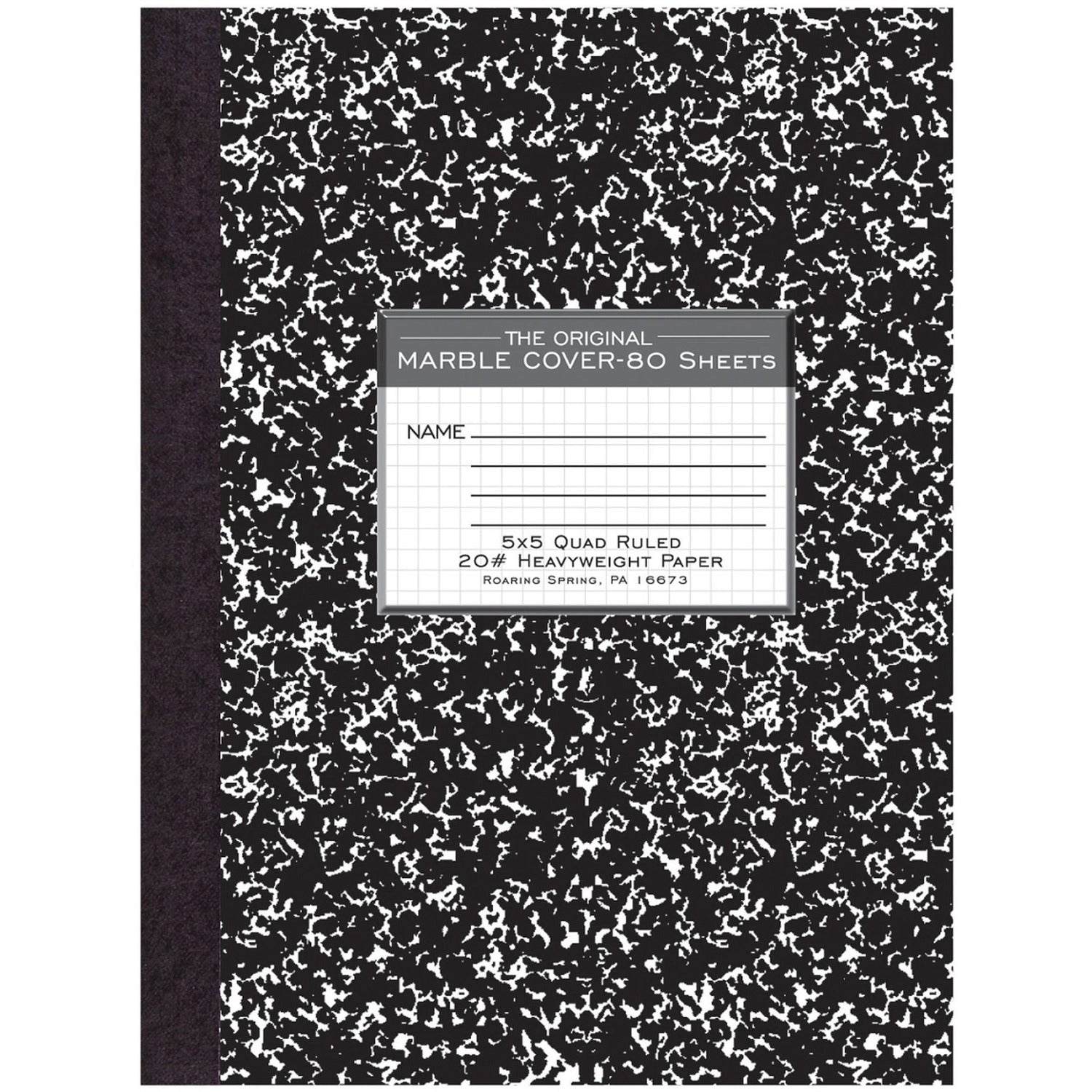 Roaring Spring Black Marble Composition Book 80 Sheets - 160 Pages - Printed - Sewn/Tapebound - Both Side Ruling Surface - 20 lb Basis Weight - 10 1/4" x 7 7/8" Sheet Size - 0.50" Height x 7.9" Width x 10.3" Length - White Paper - Black Binding - (77475)