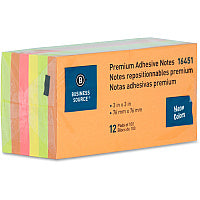 Business Source Repositionable Neon Notes 3" Flag/Note Width x 3" Flag/Note Length - Square - Neon - Removable, Repositionable, Solvent-free Adhesive - 12 / Pack (BSN16451)