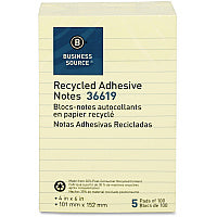 Business Source Yellow Adhesive Notes 4" Flag/Note Width x 6" Flag/Note Length - Rectangle - Ruled - Yellow - Self-adhesive, Removable - Recycled - 5 / Pack (BSN36619)