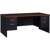 Lorell Fortress Modular Series Double-Pedestal Desk 72" Width x 36" Depth, x 1.1" Thickness Top - 2 x Box, File Drawer(s) - Double Pedestal - Material: Steel - Finish: Walnut Laminate, Black - Scratch Resistant, Stain Resistant, Ball-bearing Su (LLR79139)