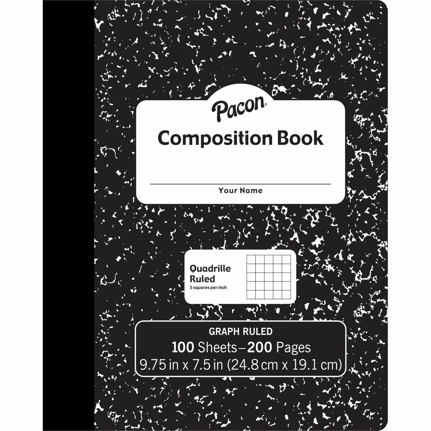 Pacon Composition Book 100 Sheets - 200 Pages - Quad Ruled Front Ruling - 0.20" Ruled - 9.75" Height x 7.5" Width x 0.1" Length - White Paper - Black Marble Cover - Durable, Hard Cover - 1 Each (MMK37103)