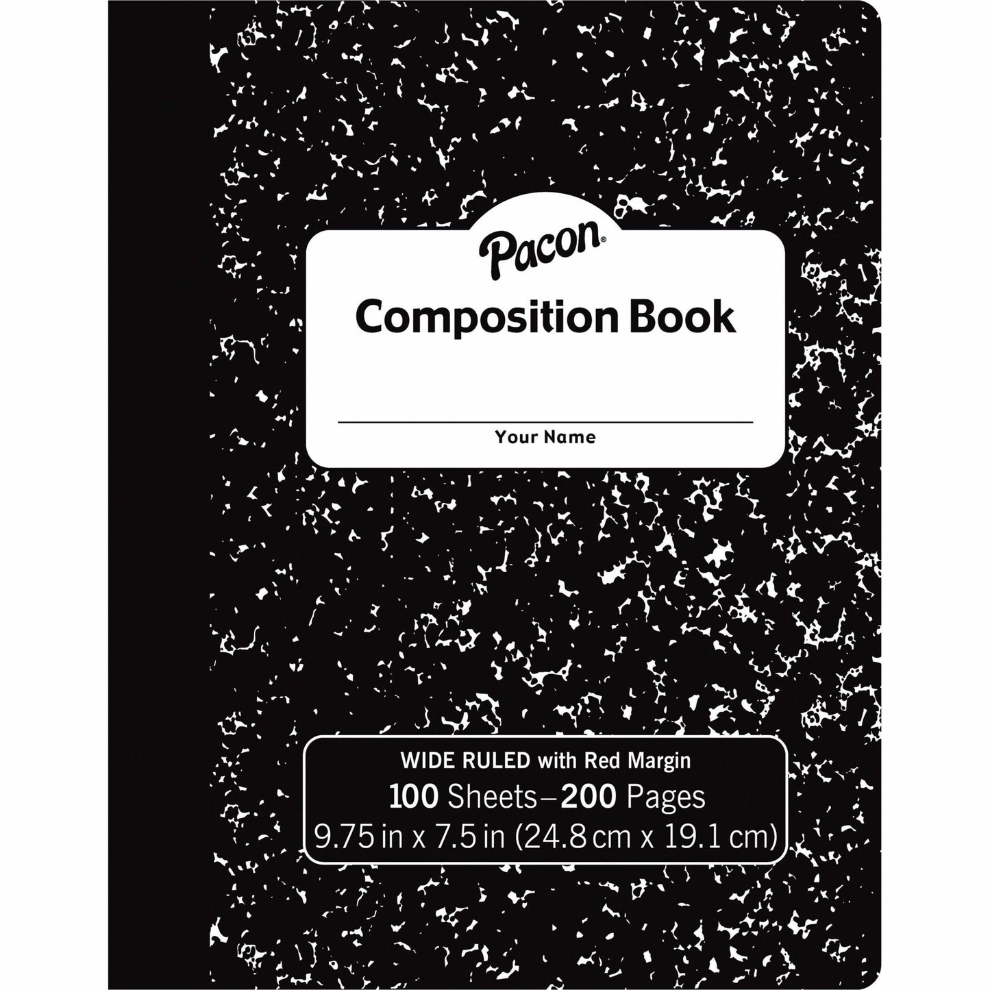 Pacon Composition Book 100 Sheets - 200 Pages - Wide Ruled Front Ruling - 0.38" Ruled - Red Margin - 9.75" Height x 7.5" Width x 0.1" Length - White Paper - Black Marble Cover - Durable, Hard Cover - 1 Each (MMK37101)