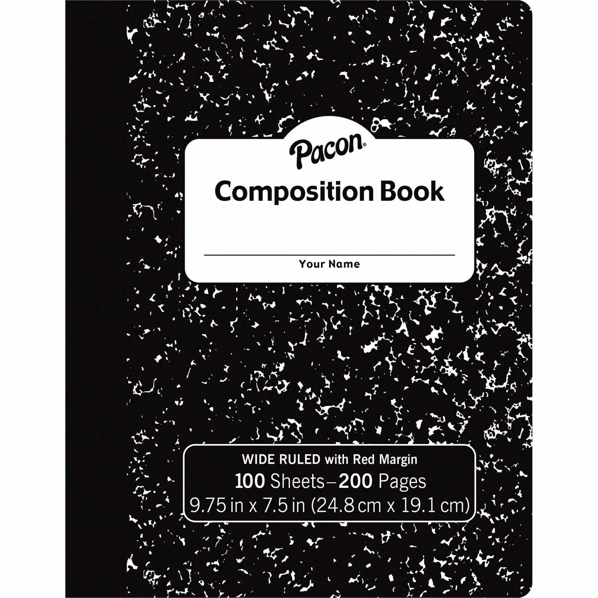 Pacon Composition Book 100 Sheets - 200 Pages - Wide Ruled Front Ruling - 0.38" Ruled - Red Margin - 9.75" Height x 7.5" Width x 0.1" Length - White Paper - Black Marble Cover - Durable, Hard Cover - 1 Each (MMK37101)