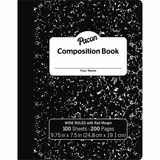 Pacon Composition Book 100 Sheets - 200 Pages - Wide Ruled Front Ruling - 0.38" Ruled - Red Margin - 9.75" Height x 7.5" Width x 0.1" Length - White Paper - Black Marble Cover - Durable, Hard Cover - 1 Each (MMK37101)
