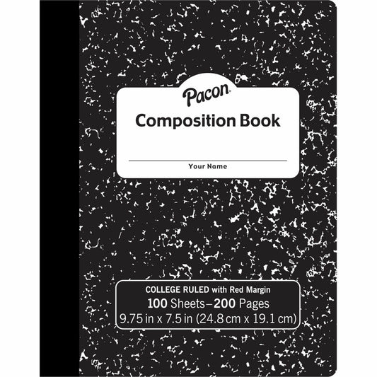 Pacon Composition Book 100 Sheets - 200 Pages - College Ruled Front Ruling - 0.28" Ruled - 9.75" Height x 7.5" Width x 0.1" Length - White Paper - Black Marble Cover - Durable, Hard Cover - 1 Each (MMK37106)