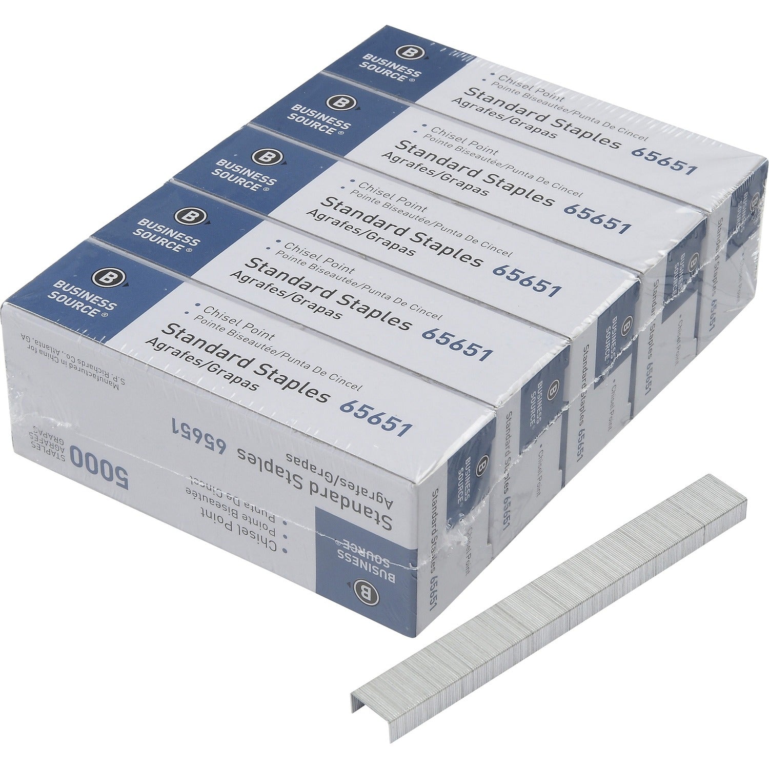 Business Source Chisel Point Standard Staples Standard - 1/4" Leg - 1/2" Crown - Holds 30 Sheet(s) - for Paper - Chisel Point - Silver - Galvanized Iron - 210 Per Strip - 5000/Box - 5 / Pack (BSN65651)