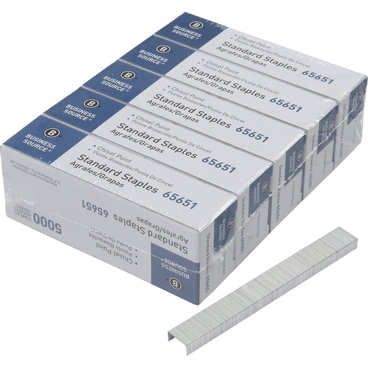 Business Source Chisel Point Standard Staples Standard - 1/4" Leg - 1/2" Crown - Holds 30 Sheet(s) - for Paper - Chisel Point - Silver - Galvanized Iron - 210 Per Strip - 5000/Box - 5 / Pack (BSN65651)