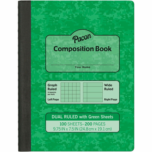 Pacon Dual Ruled Composition Book Plain - Quad Ruled, Wide Ruled Front Ruling - 9.75" Height x 7.5" Width x 0.5" Length - Green Cover - 24 / Carton (MMK37162)