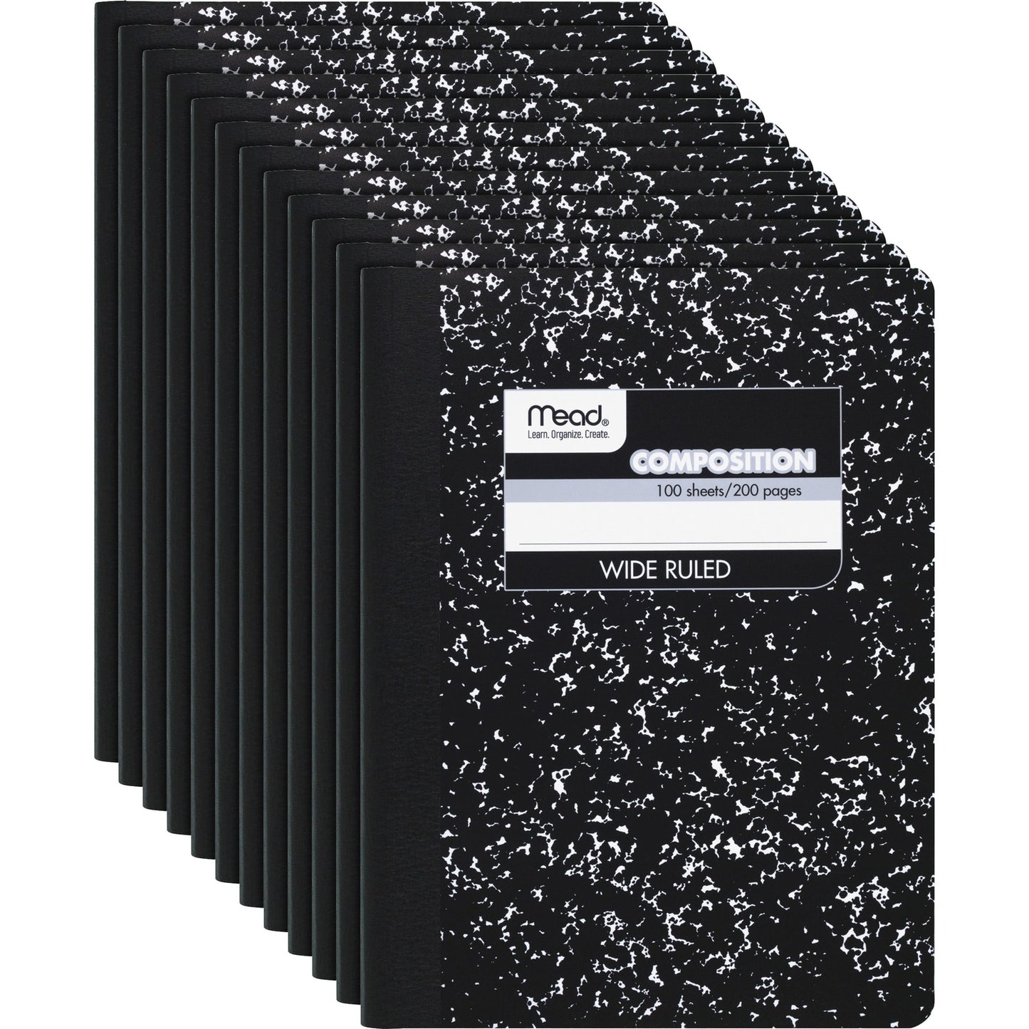 Mead Wide Ruled Composition Notebook 100 Sheets - Sewn - 7 1/2" x 9 3/4" Sheet Size - White Paper - Black Marble Cover - 12 / Carton (09910CT)