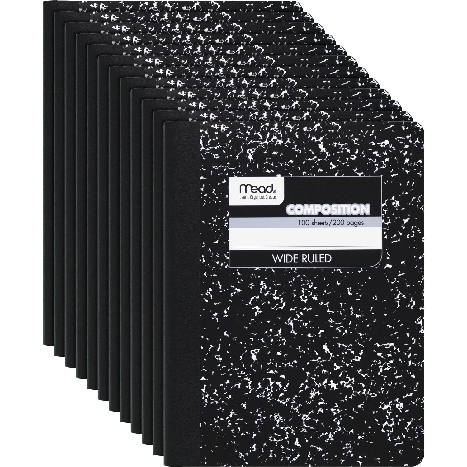Mead Wide Ruled Composition Notebook 100 Sheets - Sewn - 7 1/2" x 9 3/4" Sheet Size - White Paper - Black Marble Cover - 12 / Carton (09910CT)
