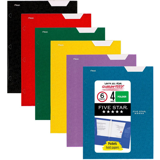 Acco Five Star Letter Portfolio 8 1/2" x 11" - 4 Pocket(s) - Paper - Black, Blue, Green, Purple, Red, Yellow - 0% Recycled - 6 / Pack (38056)