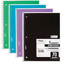 Mead 1 Subject Wide Ruled Spiral Notebook 70 Sheets - 140 Pages - Spiral Bound - 3 Hole(s) - 10 1/2" x 8" Sheet Size - 10" Height x 8" Width x 0.5" Length - White Paper - Assorted Cover - Durable Cover, Bleed Resistant, Perforated, Spiral Lock, Li (72873)