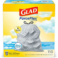 Glad ForceFlex Tall Kitchen Drawstring Trash Bags Fresh Clean with Febreze Freshness - 13 gal Capacity - 25.38" Length x 23.75" Width x 0.72 mil (18 Micron) Thickness - Drawstring Closure - White - Home, Office/ - 110 / Box (78563)