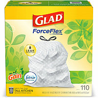Glad ForceFlex Tall Kitchen Drawstring Trash Bags Gain Original with Febreze Freshness - 13 gal Capacity - 33.75 ft Length x 25.38 ft Width x 0.72 mil (18 Micron) Thickness - Drawstring Closure - White - Home, Office, Kitchen, Breakroom - 110 / Bo (79114)