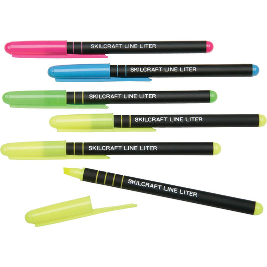 AbilityOne SKILCRAFT Line Liter Pocket Highlighters Chisel Marker Point Style - Fluorescent Yellow, Fluorescent Pink, Fluorescent Blue, Fluorescent Green - Rubberized Barrel - 6 / Pack (4840013)