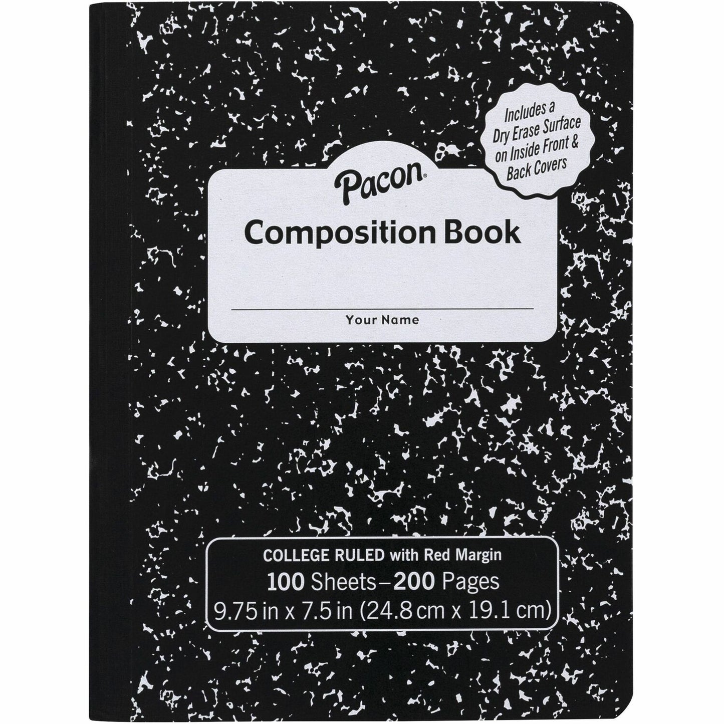 Pacon Marble Hard Cover College Rule Composition Book 100 Sheets - 200 Pages - College Ruled Front Ruling - Red Margin - 9.75" Height x 7.5" Width - Black Marble Cover - Recyclable, Hard Cover - 1 Each (PMMK37106DE)