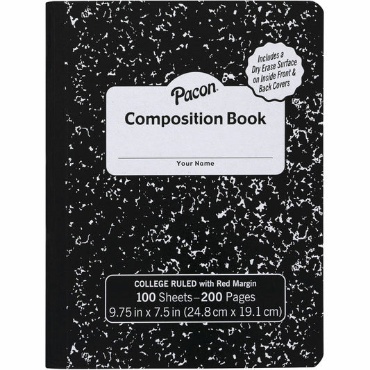 Pacon Marble Hard Cover College Rule Composition Book 100 Sheets - 200 Pages - College Ruled Front Ruling - Red Margin - 9.75" Height x 7.5" Width - Black Marble Cover - Recyclable, Hard Cover - 1 Each (PMMK37106DE)
